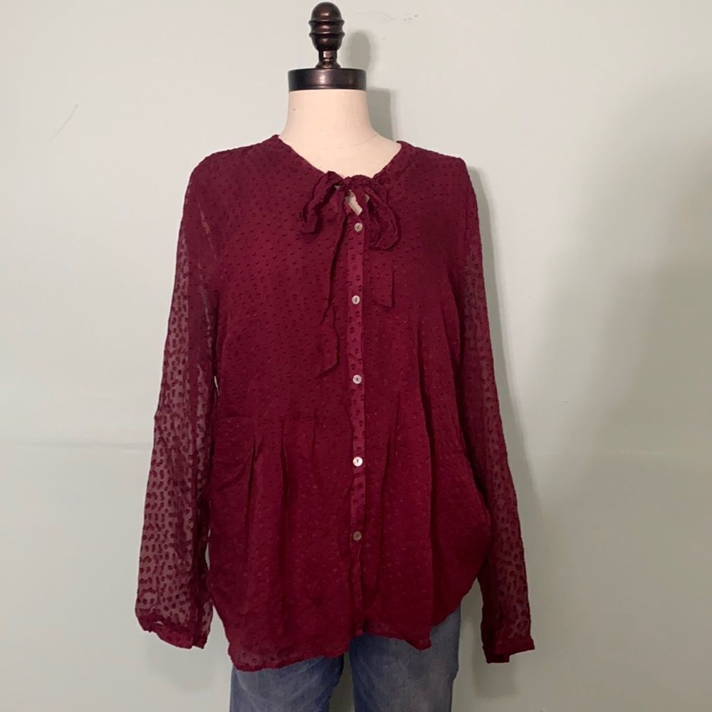 Meadow Rue Maroon Tie Neck Longer Length Blouse